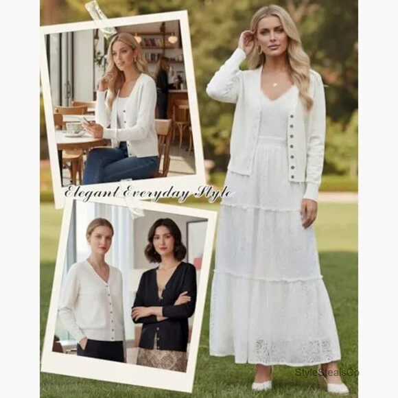 Lightweight Cropped Cardigan Set, V-Neck Button Down Long Sleeve Knit Sweaters - Picture 7 of 7